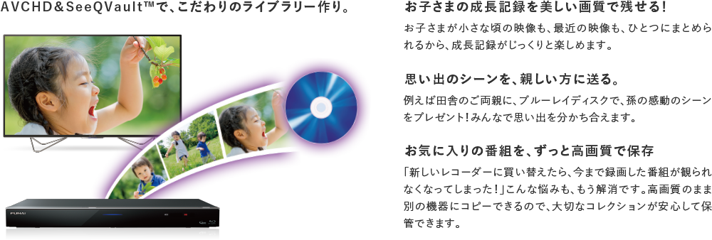 AVCHD＆SeeQVault&trade;で、こだわりのライブラリー作り。 お子さまの成長記録を美しい画質で残せる！ お子さまが小さな頃の映像も､最近の映像も､ひとつにまとめられるから､成長記録がじっくりと楽しめます。 思い出のシーンを、親しい方に送る。 例えば田舎のご両親に､ブルーレイディスクで､孫の感動のシーンをプレゼント！ お気に入りの番組を､ずっと高画質で保存 ｢新しいレコーダーに買い替えたら､今まで録画した番組が観られなくなってしまった！｣こんな悩みも､もう解消です。高画質のまま別の機器にコピーできるので､大切なコレクションが安心して保管できます。